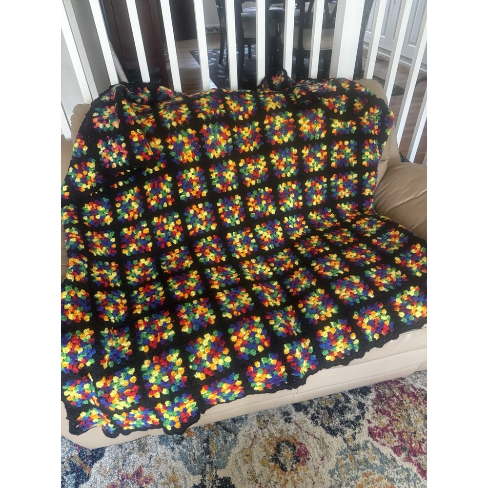 Vintage Granny Squares Afghan Throw Blanket Colorblock‎ Rainbow Roseanne 57x60